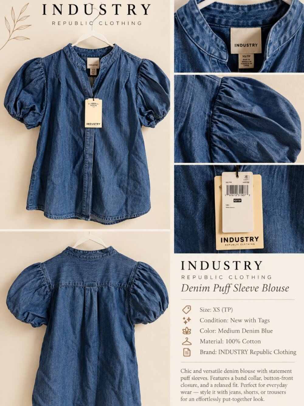 NWT INDUSTRY Republic Clothing Denim Puff Sleeve Blouse XS